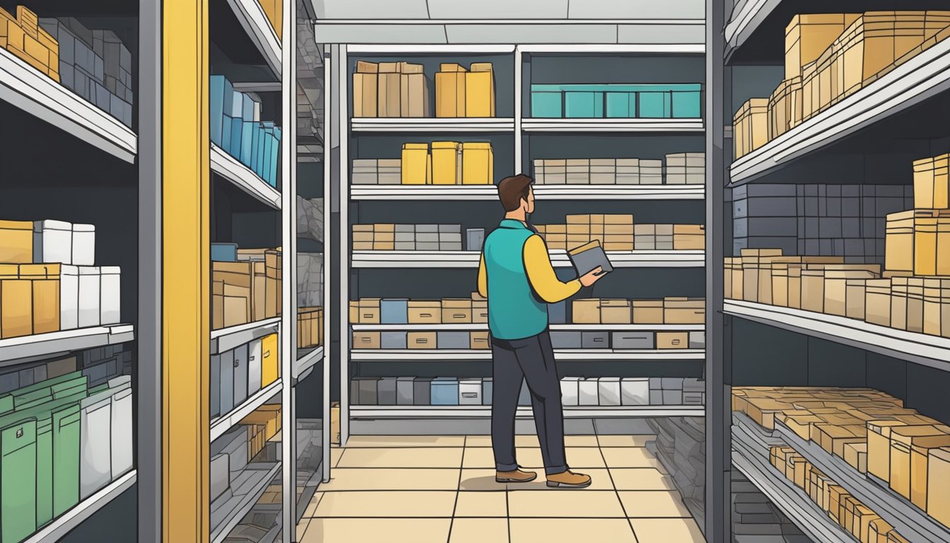 A customer browsing through various tile trim options at a hardware store in Singapore, with shelves neatly organized and labeled