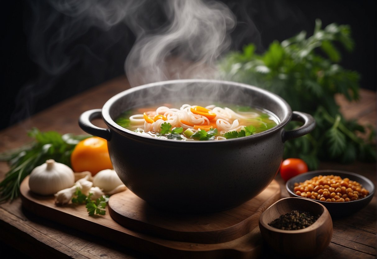 A steaming pot of Chinese nourishing soup surrounded by fresh ingredients and traditional herbs