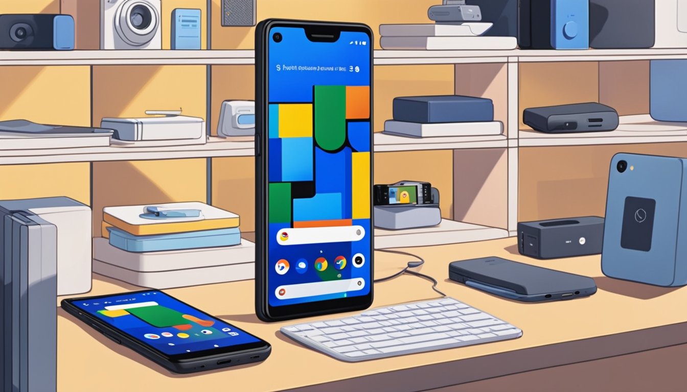 The Pixel 3a sits on a shelf at Best Buy, surrounded by other electronic devices and accessories. The store is well-lit and bustling with customers