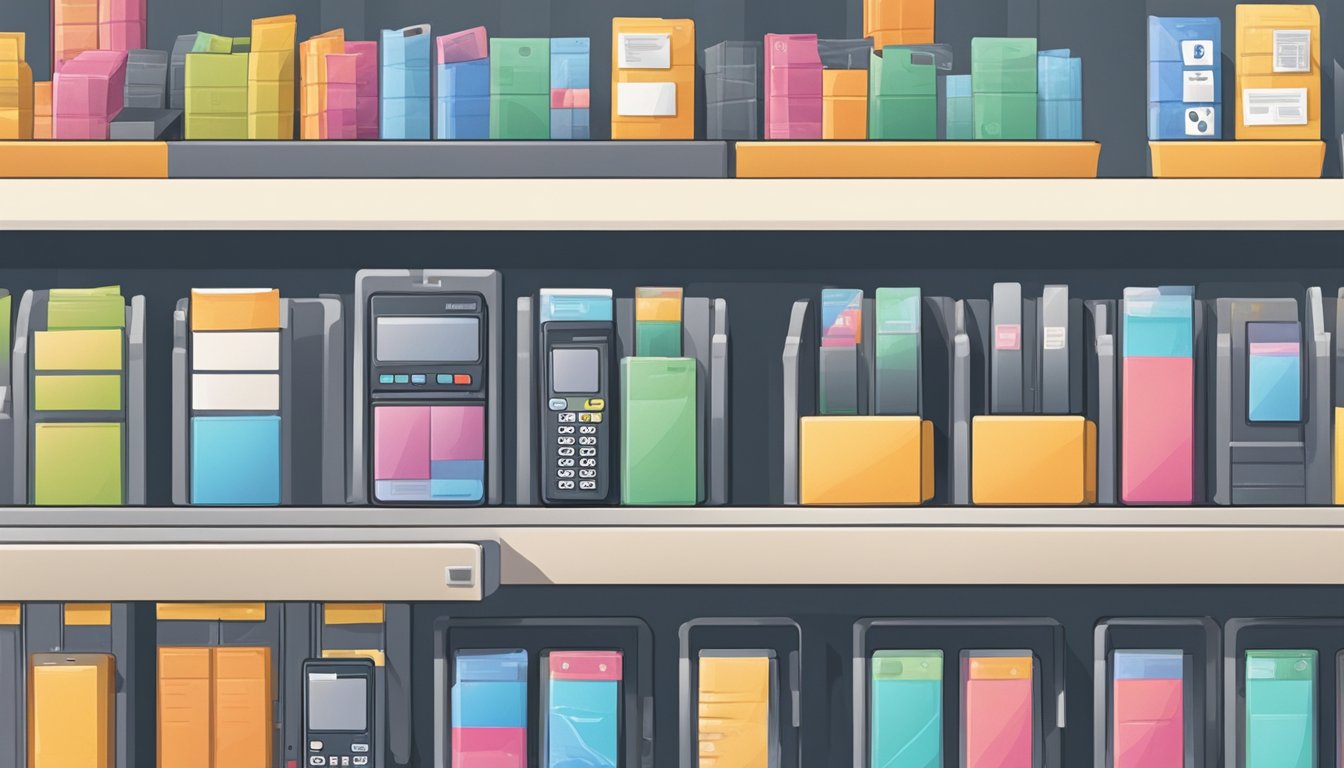 A hand reaches for a phone splitter on a store shelf. Multiple splitters are displayed with price tags