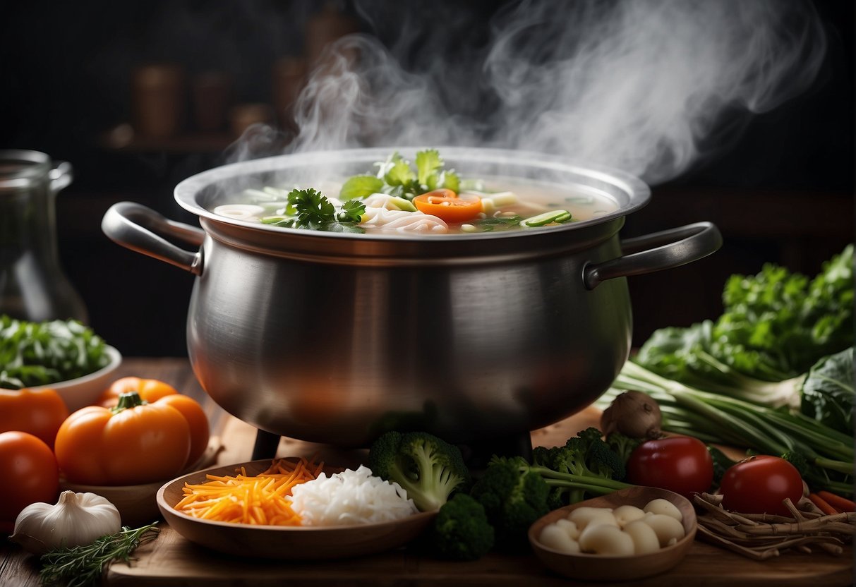 A steaming pot of Chinese nourishing soup surrounded by various ingredients like herbs, vegetables, and meats, with a hint of steam rising from the surface