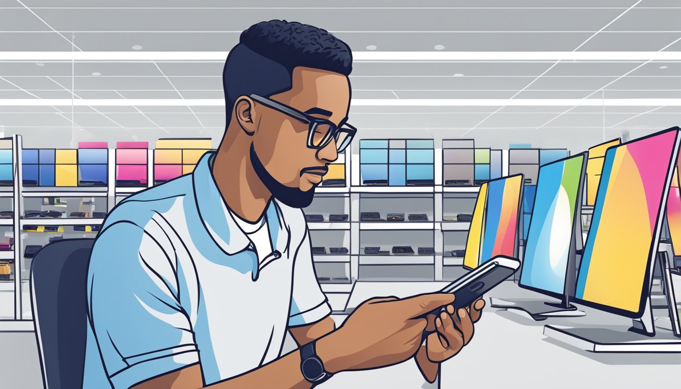 A customer browsing phone splitters at Best Buy, comparing features and prices