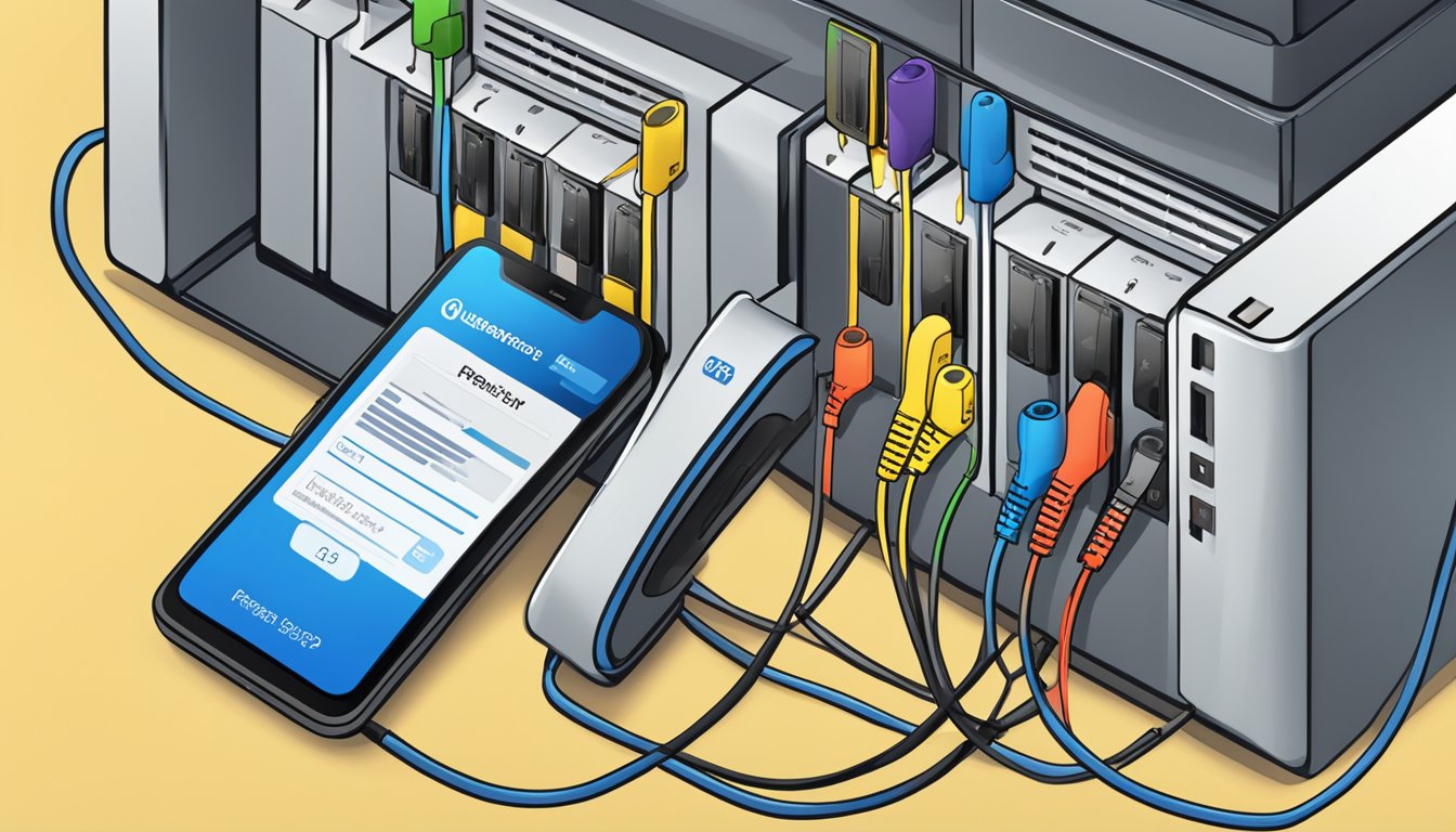 A phone splitter connected to multiple phones, with a "Frequently Asked Questions" label, placed on a Best Buy store shelf