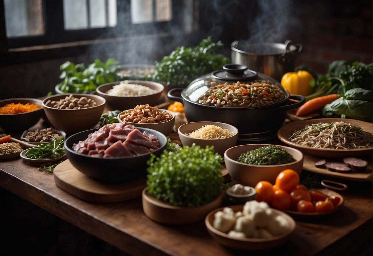 A table filled with fresh Chinese herbs, meats, and vegetables, with a pot simmering on the stove. Ingredients labeled with their health benefits