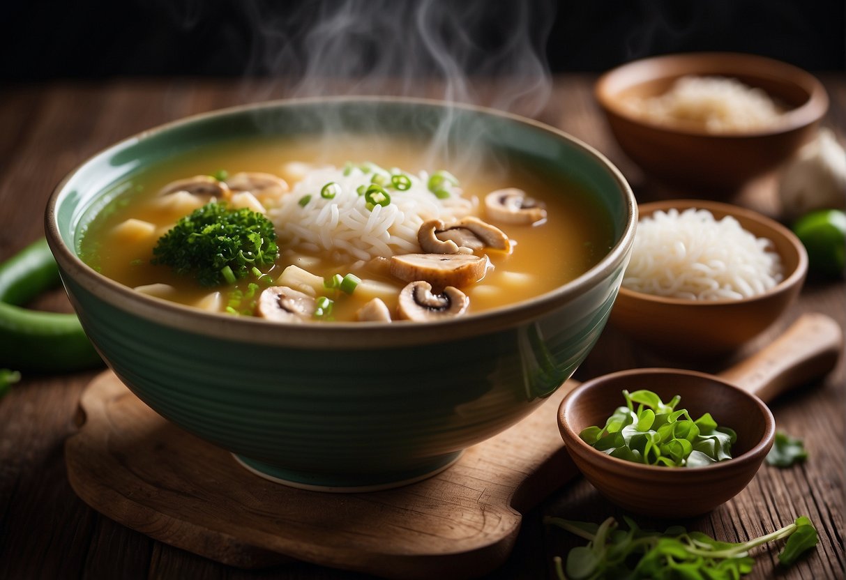 A steaming bowl of classic Chinese soup sits on a wooden table, surrounded by traditional ingredients like ginger, scallions, and mushrooms