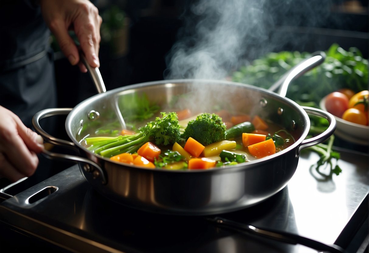 Vegetables and herbs simmer in a large pot of clear broth. A chef adds seasoning and stirs with a ladle. Steam rises from the pot