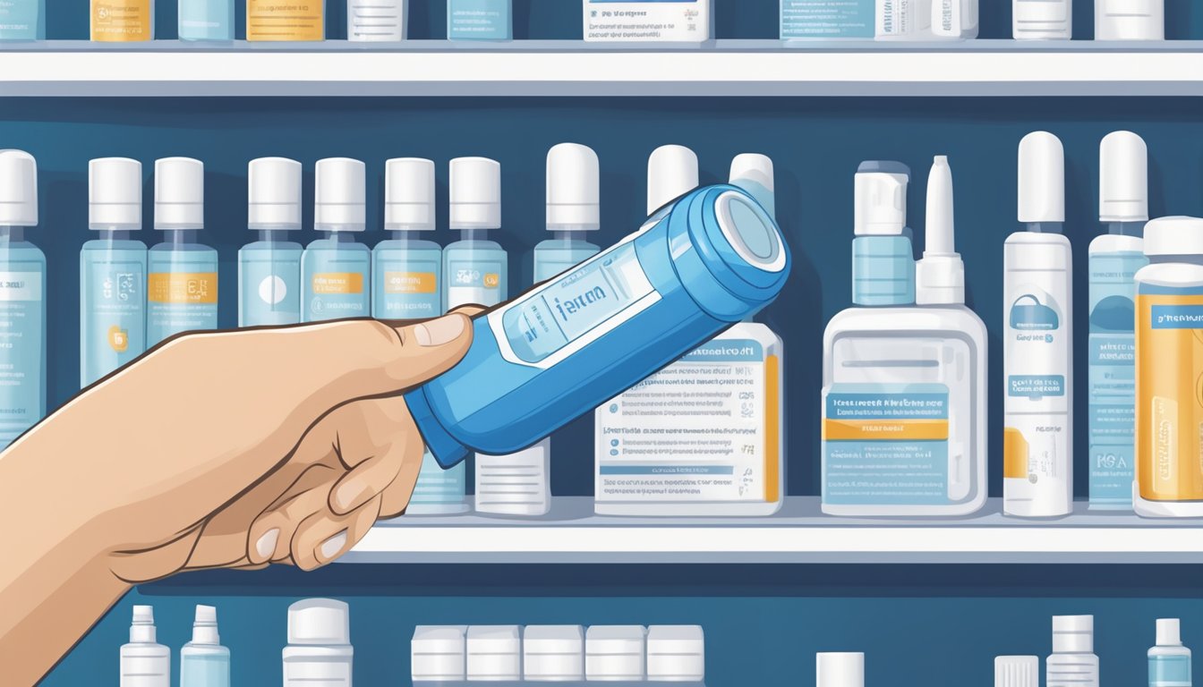 A hand reaches for a blue and white Ventolin inhaler on a pharmacy shelf, with a label indicating it is for the treatment of asthma