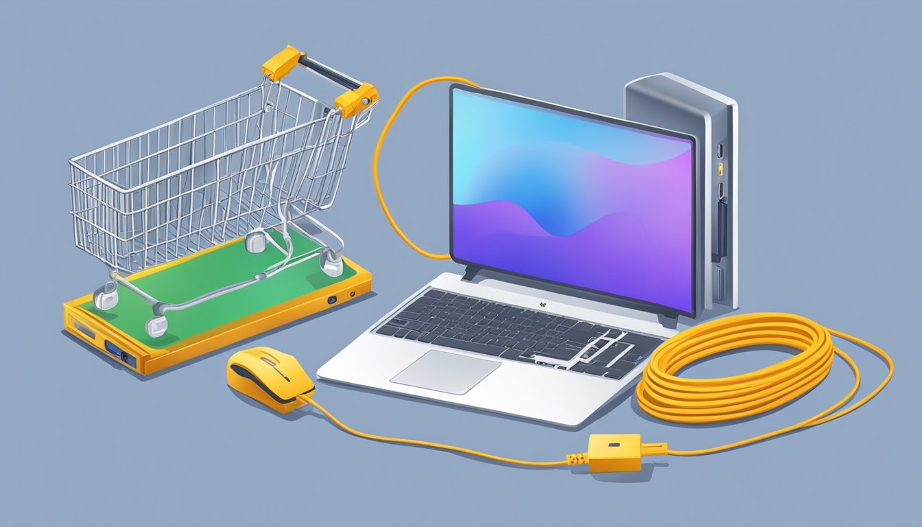 An extension cord is being purchased online, with a computer screen displaying a shopping website and a hand reaching for the mouse