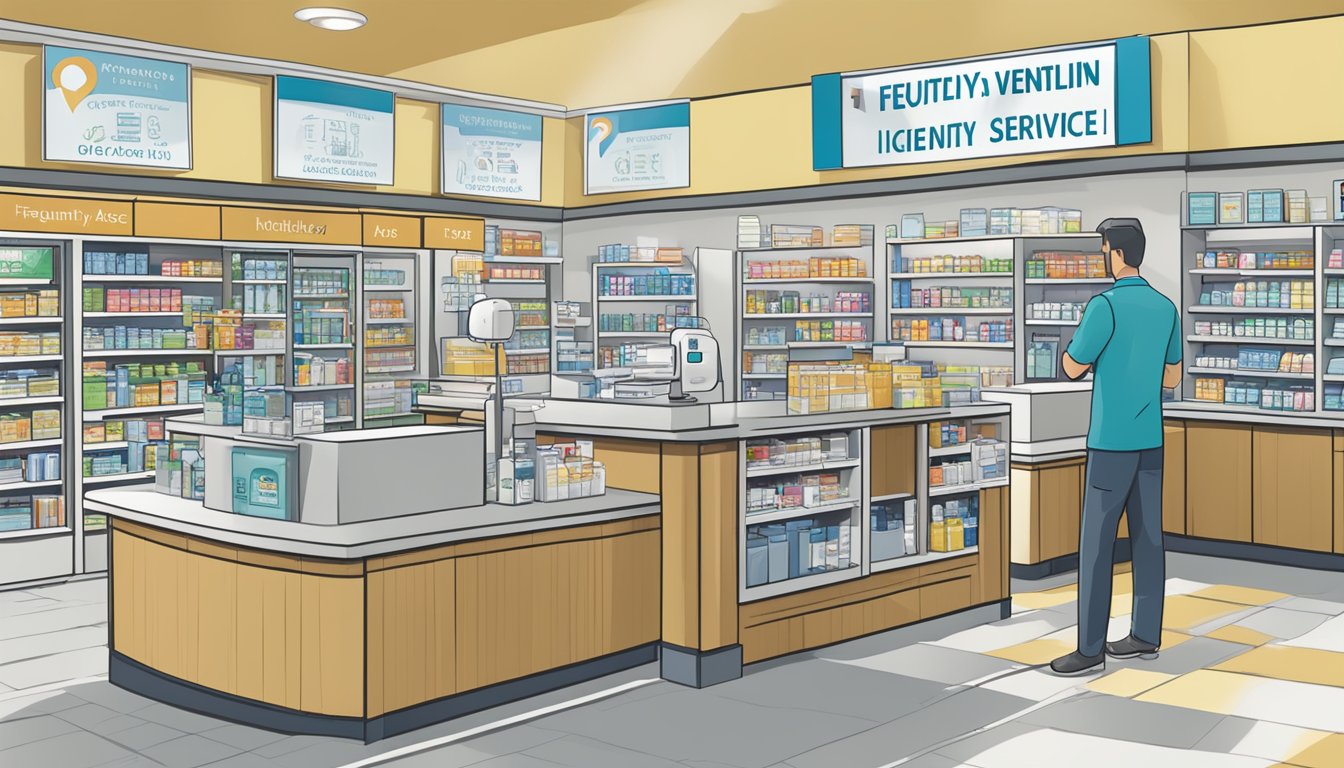 A customer service desk with a sign reading "Frequently Asked Questions" and a display of ventolin inhalers in a pharmacy setting
