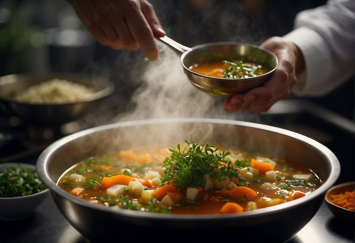 A chef pours rich, steaming soup into a bowl, adding fresh herbs and spices for garnish