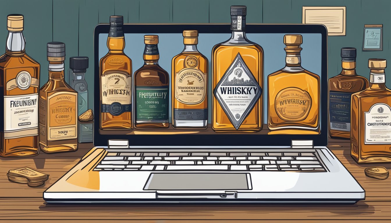 A laptop displaying a website with "Frequently Asked Questions" about buying whisky online, surrounded by various whisky bottles at discounted prices