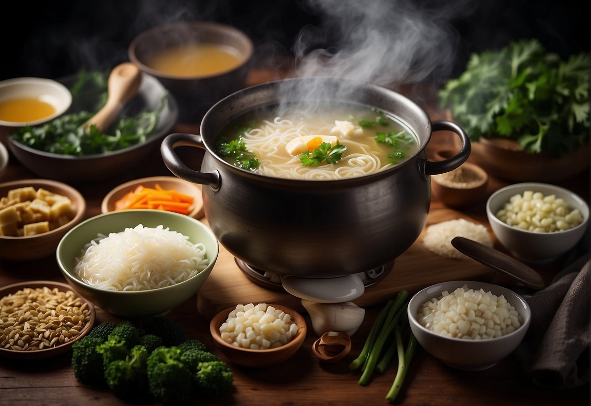 A steaming pot of Chinese nourishing soup surrounded by various ingredients and utensils on a kitchen counter
