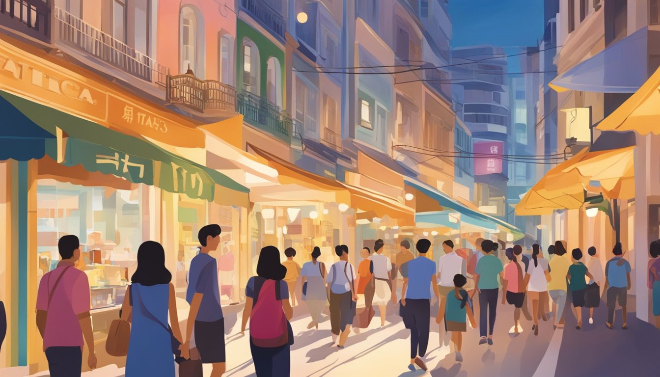 A bustling street in Singapore, with colorful storefronts and a prominent sign reading "Tatcha" in elegant lettering. Pedestrians walk by, and the warm glow of the sun illuminates the scene