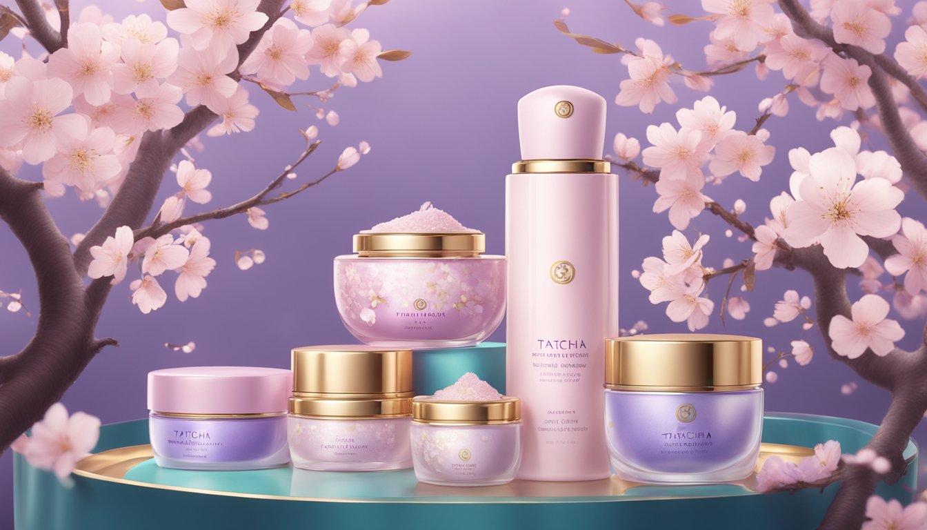 A luxurious display of Tatcha's Beauty Treasures gleaming under soft lighting, surrounded by delicate cherry blossom branches