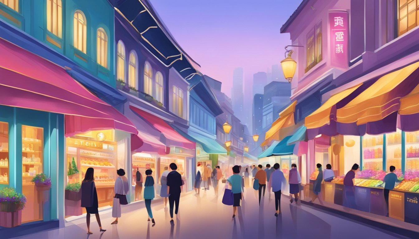 A bustling street in Singapore, with a row of elegant storefronts displaying Tatcha products. Bright lights and vibrant colors draw in shoppers