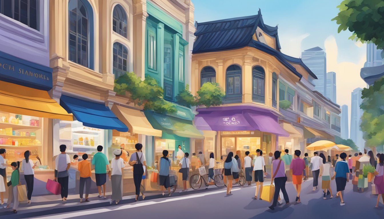 A bustling Singapore street with a prominent Tatcha storefront, surrounded by curious shoppers and a vibrant cityscape in the background
