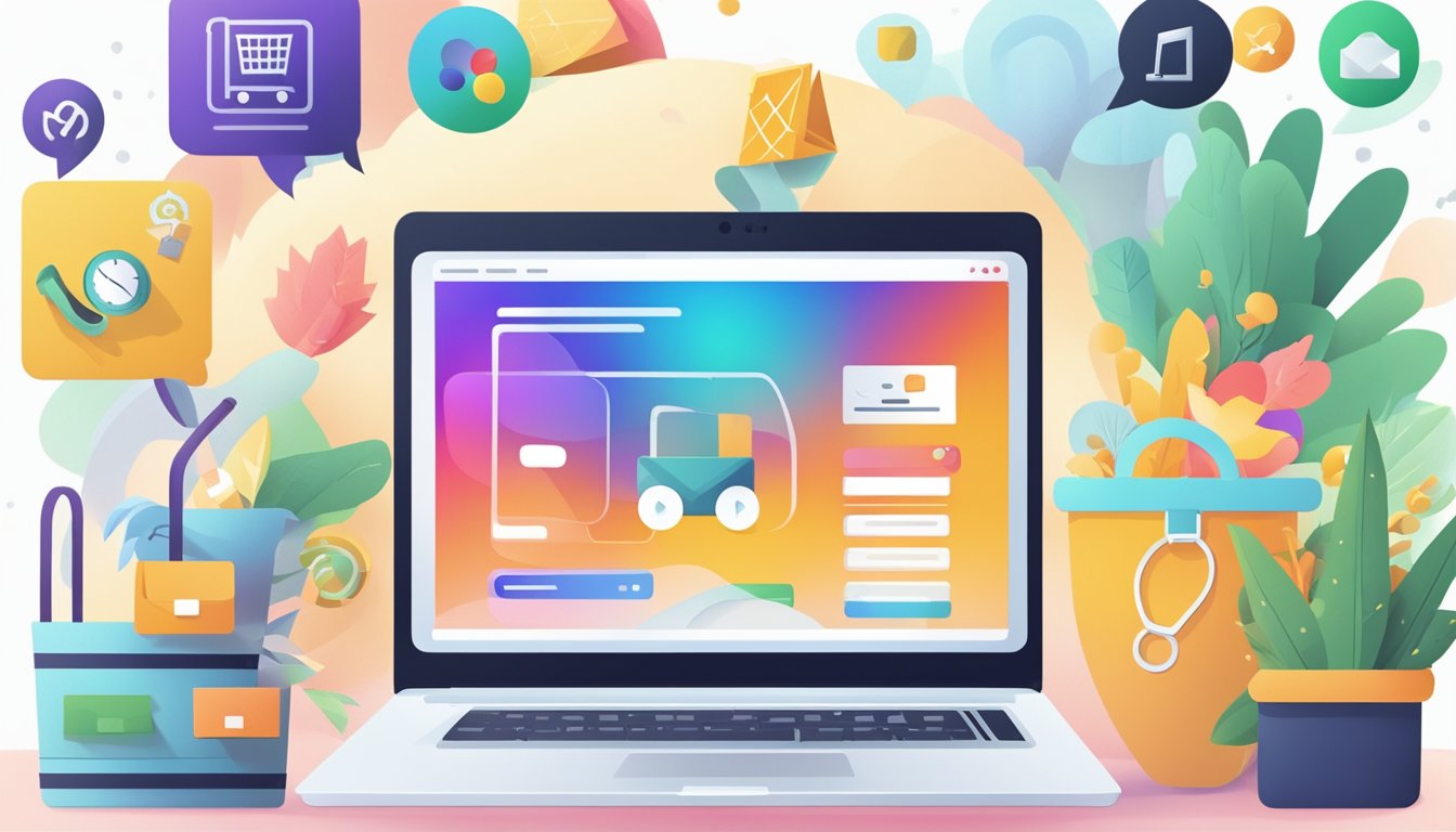 A laptop displaying a colorful website with "Qust e Shireen" written on it, surrounded by various online shopping icons and a "buy now" button