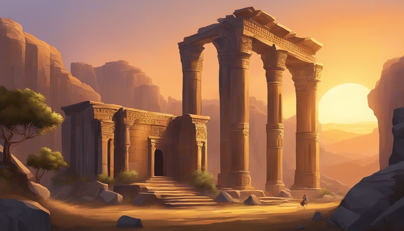 The sun sets behind the ancient ruins of Qust e Shireen, casting a warm glow over the intricate carvings and towering pillars. A sense of mystery and wonder fills the air as the site beckons to be explored