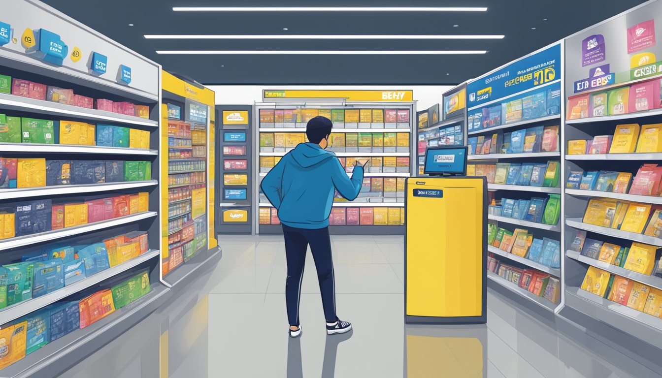 A person comparing prepaid cards at Best Buy, surrounded by various card options and signage