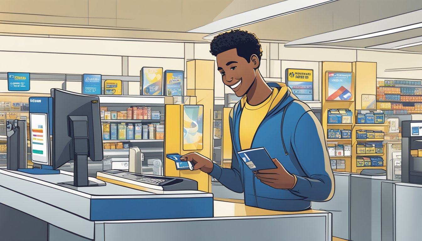 A person swiping a prepaid card at a best buy checkout counter, with a satisfied expression on their face and a display of various products in the background