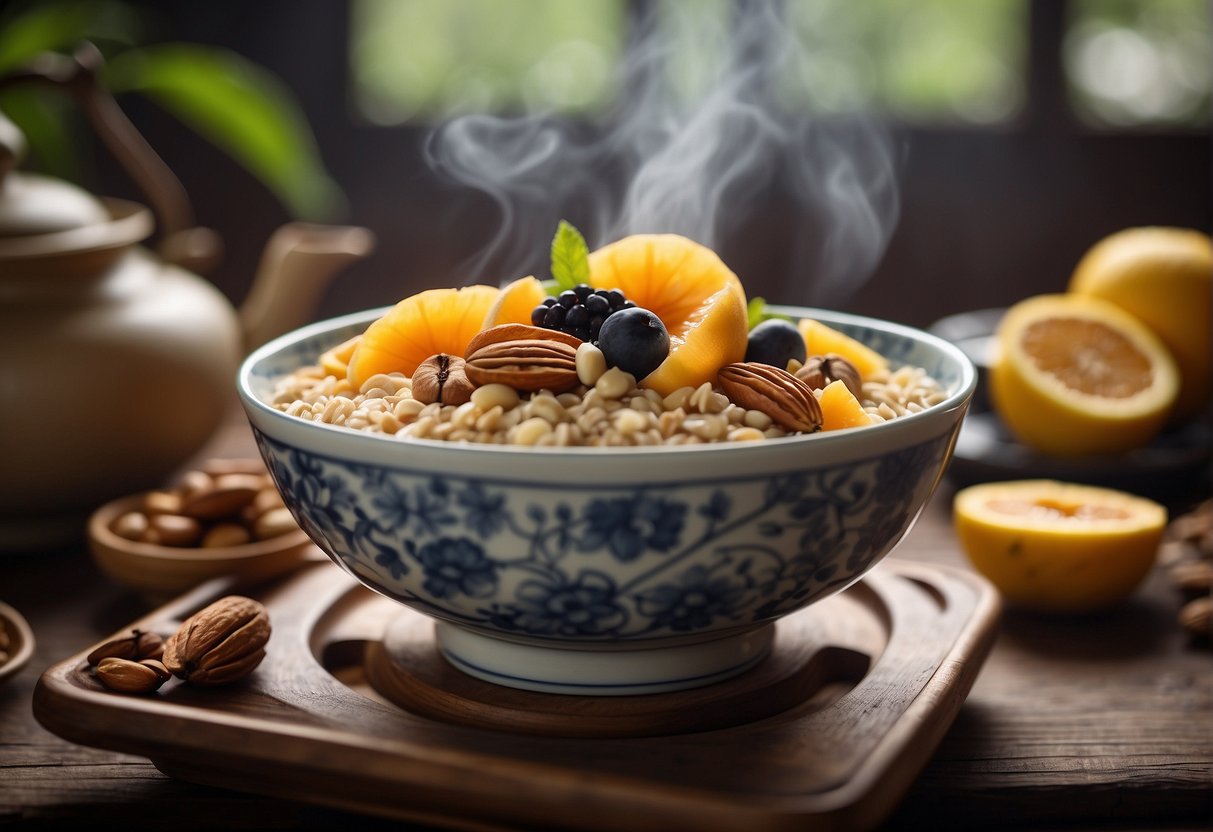 A bowl of steaming Chinese oatmeal topped with sliced fruits and nuts, surrounded by traditional Chinese teaware and a bamboo steamer