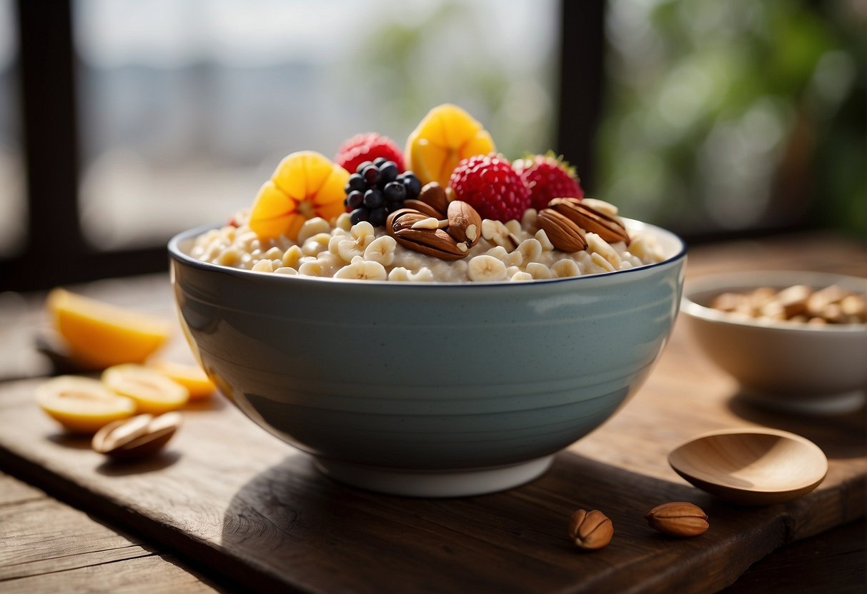 A bowl of Chinese oatmeal sits on a wooden table, topped with sliced fruits and nuts. Steam rises from the creamy, fragrant mixture, creating a cozy and inviting scene