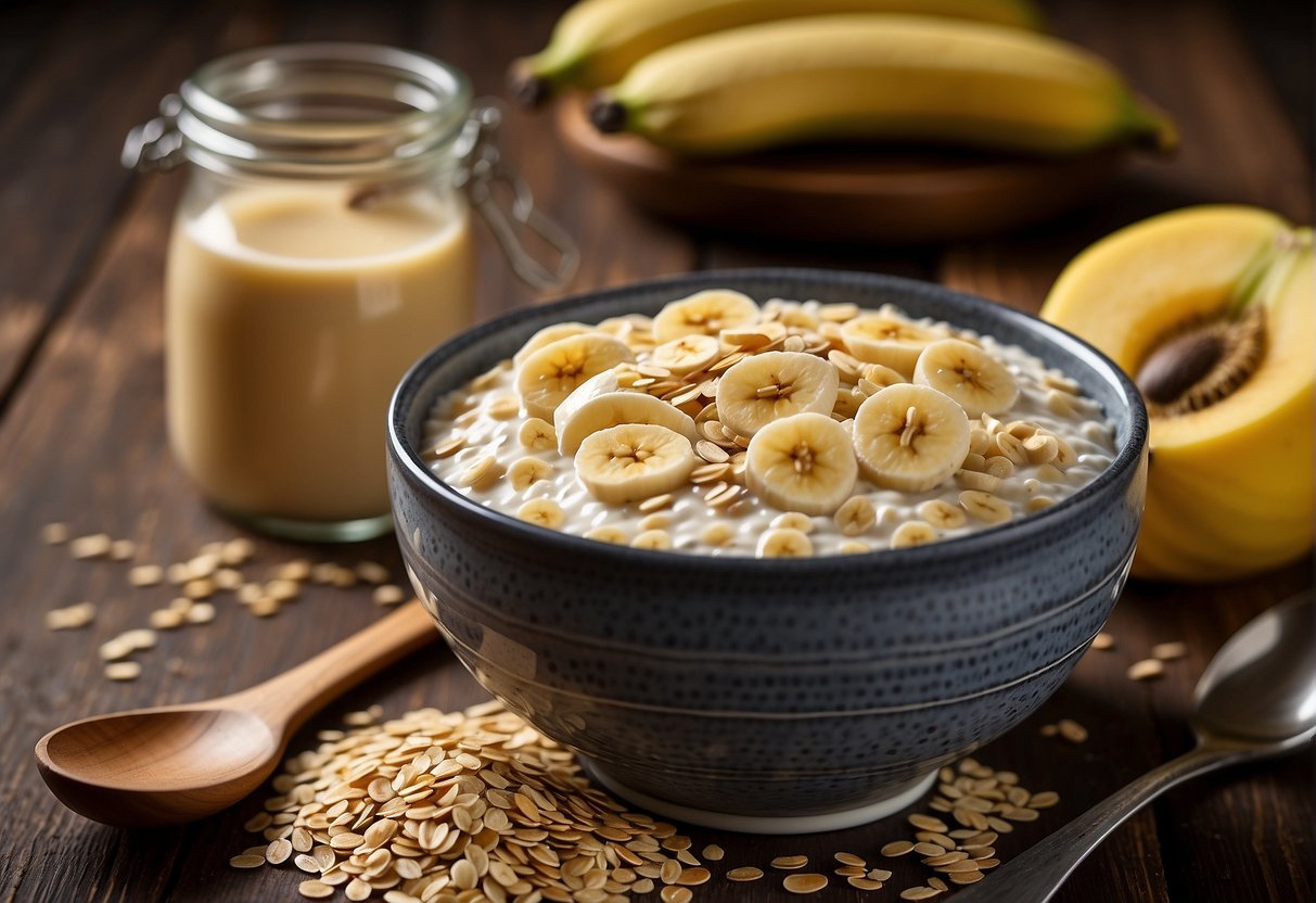 A bowl of oats, soy milk, and honey with a spoon. A jar of chia seeds and a plate of sliced bananas on a wooden table