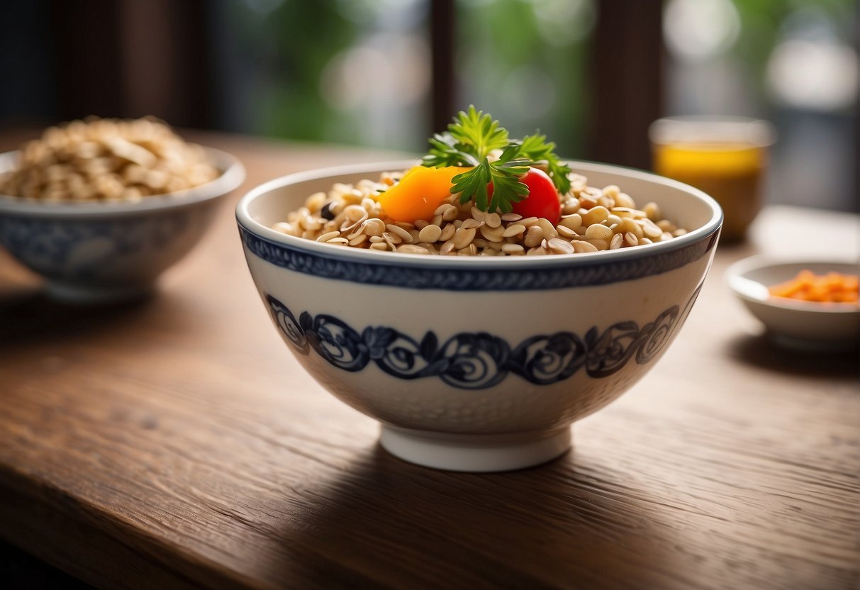 A bowl of Chinese oatmeal being customized with various toppings and served on a wooden table