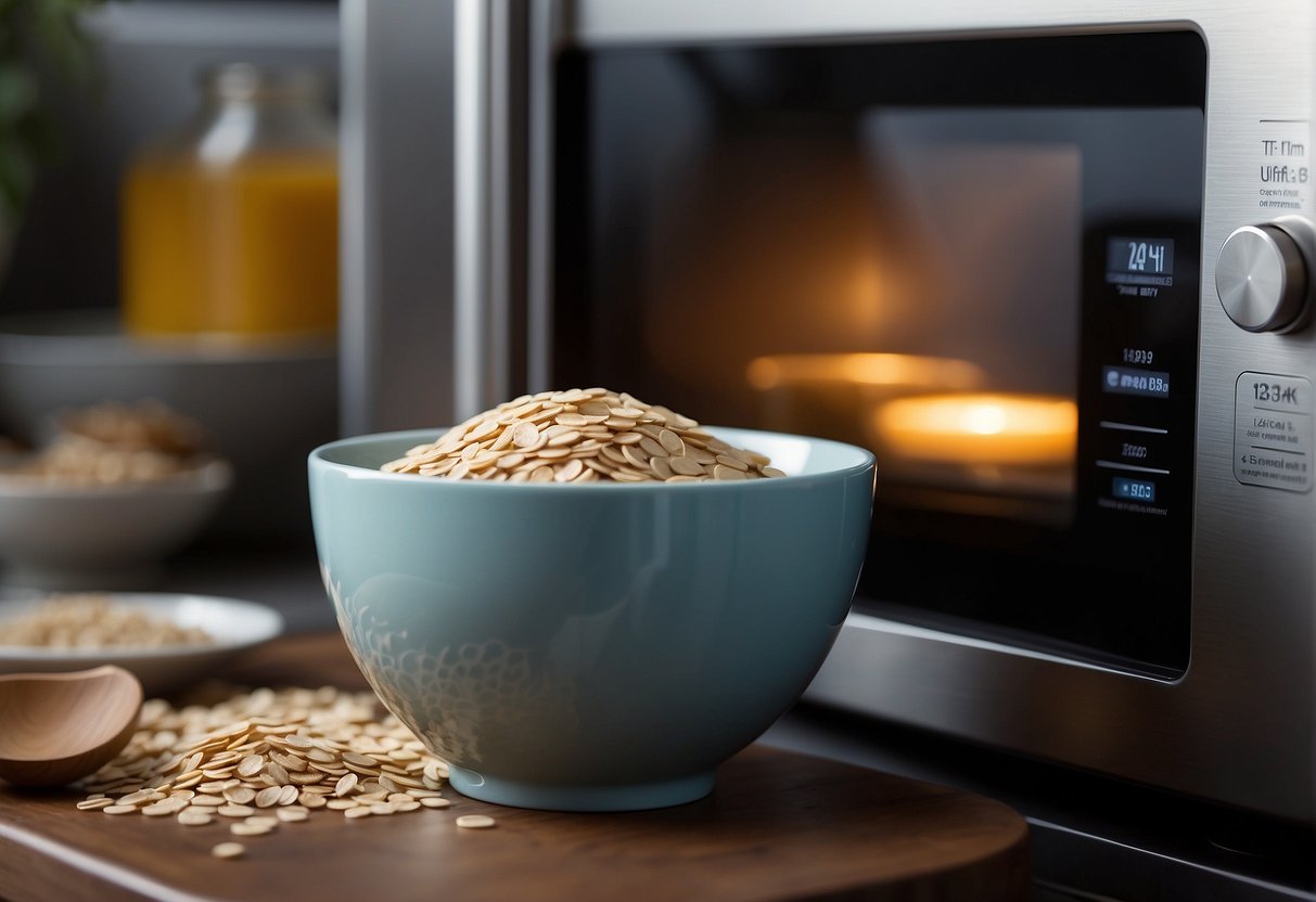 A hand pours leftover Chinese oatmeal into a microwave-safe bowl. A microwave door is open, and a hand reaches for the bowl