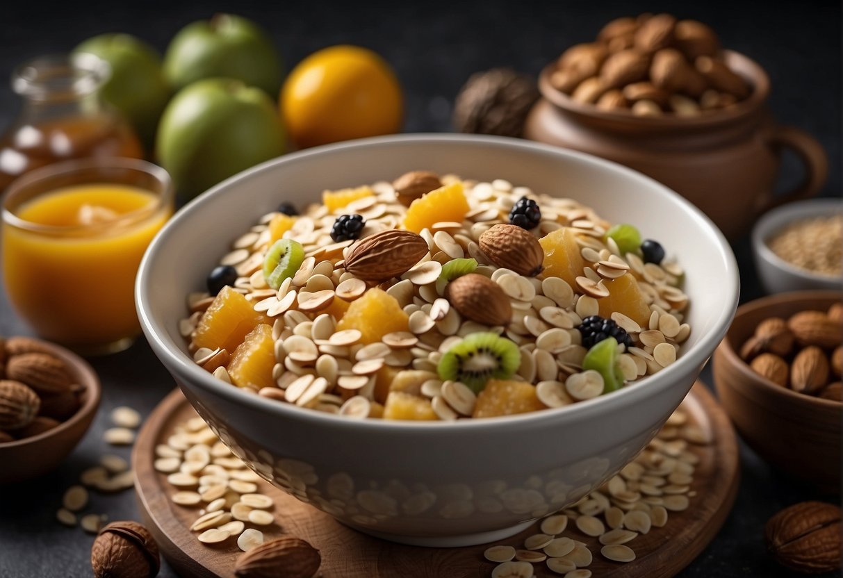 A bowl of Chinese oatmeal surrounded by various ingredients such as nuts, fruits, and seeds, with a steaming pot in the background