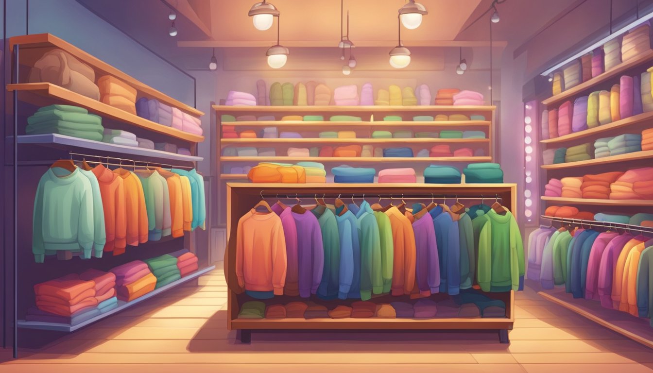 A cozy shop in Singapore sells colorful sweaters. Shelves are neatly stocked with different sizes and styles. Bright lights illuminate the warm, inviting space