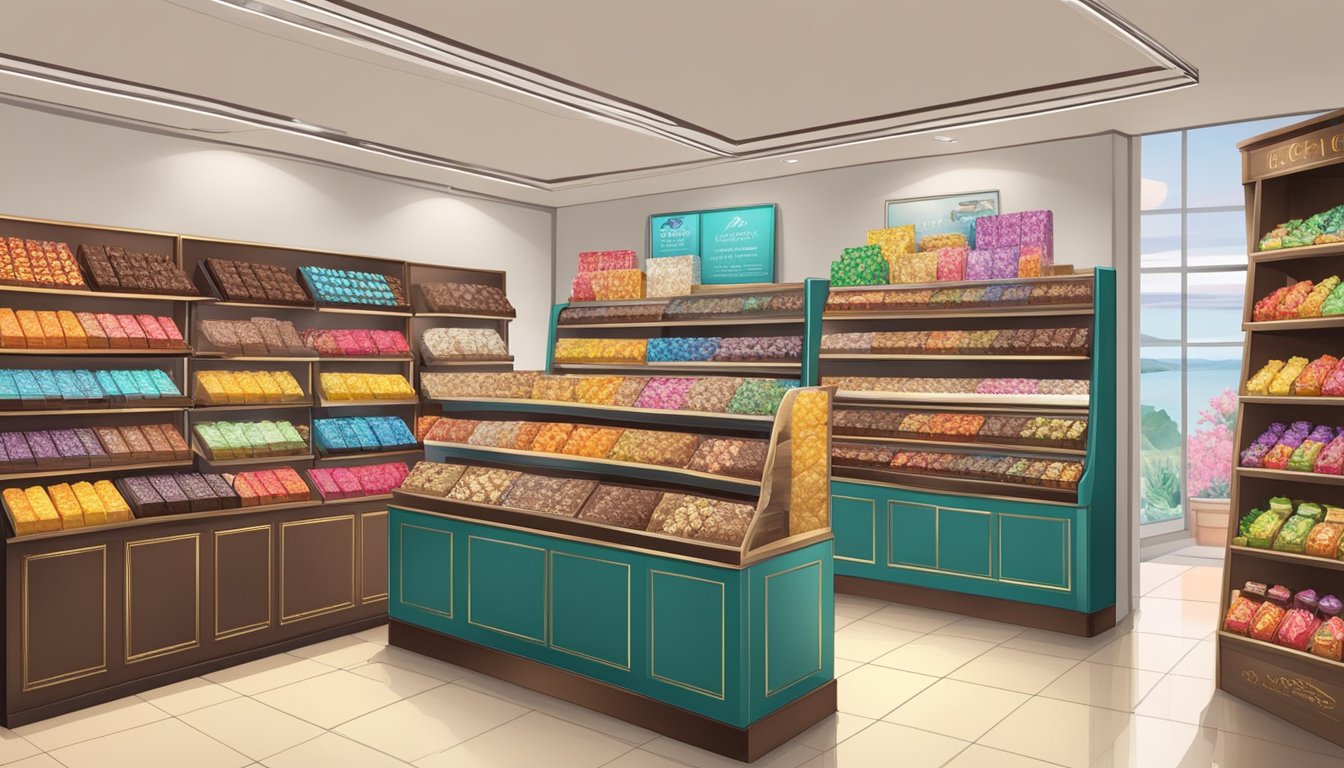 A colorful display of affordable chocolates from Singapore fills the shelves of a quaint shop, enticing customers with their tempting flavors and vibrant packaging