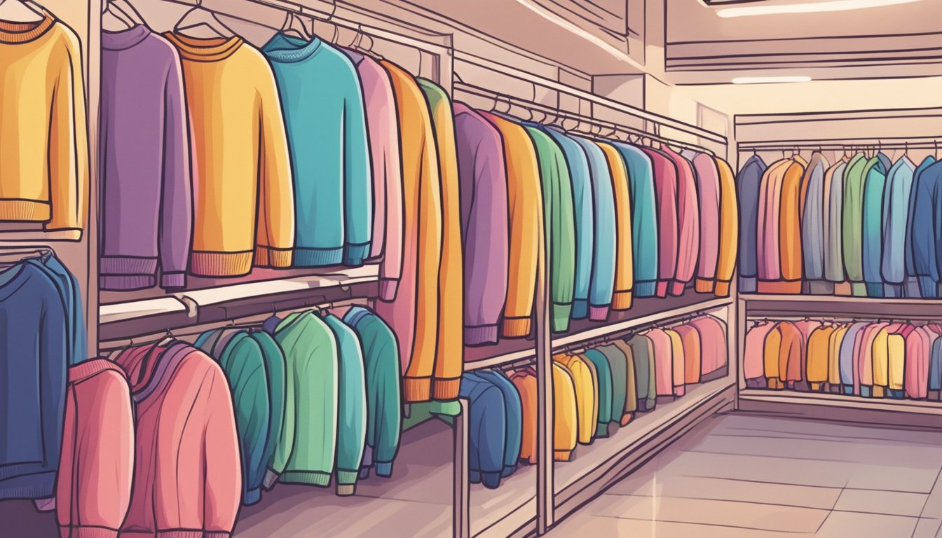 Colorful sweaters neatly displayed in rows at a cozy boutique in Singapore. Bright lights illuminate the soft fabrics, drawing shoppers in