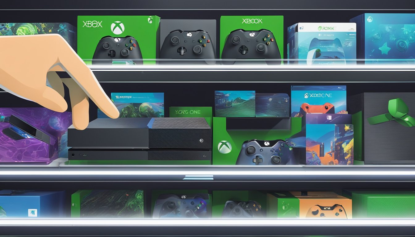 A hand reaches for a sleek Xbox One console on a store shelf in Singapore. Bright lights illuminate the display, showcasing the latest gaming technology