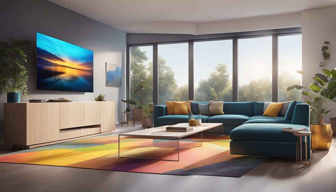 A sleek, modern living room with Samsung's OLED TV Range as the focal point, emitting vibrant colors and sharp images
