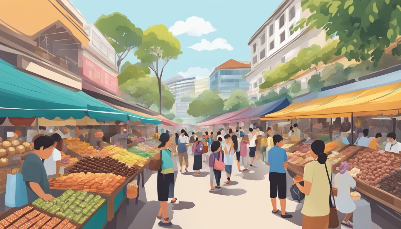 A bustling street market with colorful stalls selling a variety of affordable chocolates in Singapore. Customers browse the selection, while vendors eagerly promote their sweet treats