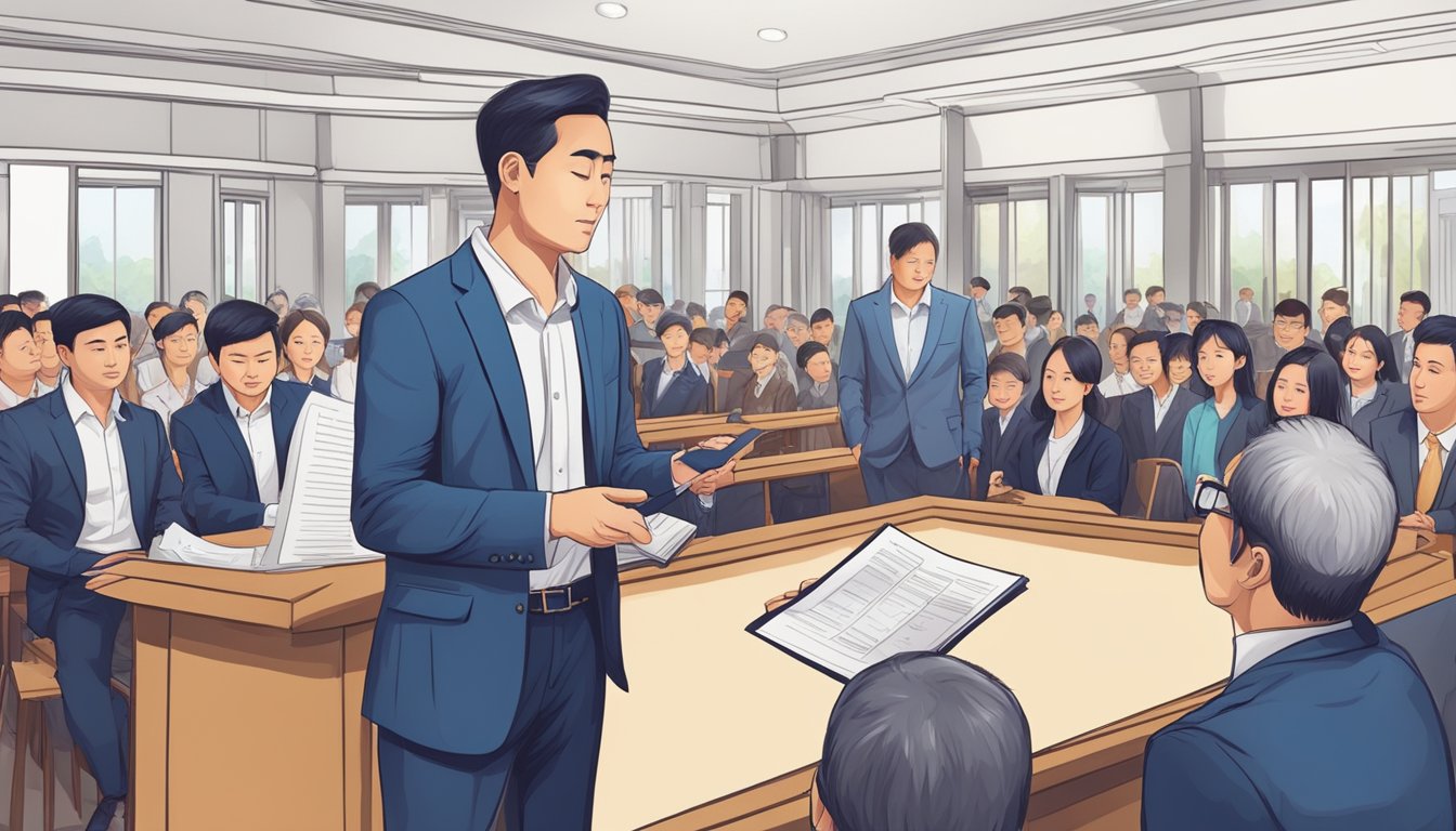 Potential buyers inspecting auction properties in Singapore, real estate agents facilitating transactions, auctioneer conducting the bidding process