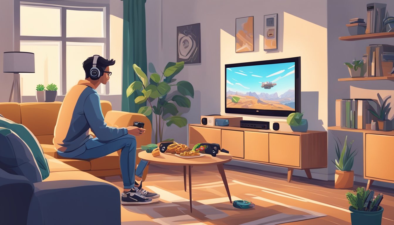 A person playing Xbox One in a comfortable living room with a large TV, surrounded by gaming accessories and snacks