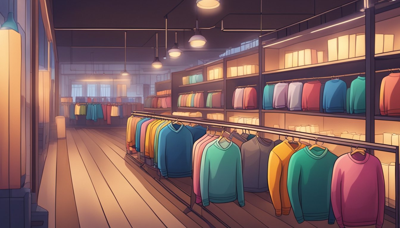 A cozy store with rows of colorful sweaters, neatly folded and hanging on racks. Soft lighting and a warm ambiance invite customers to browse and find the perfect sweater in Singapore