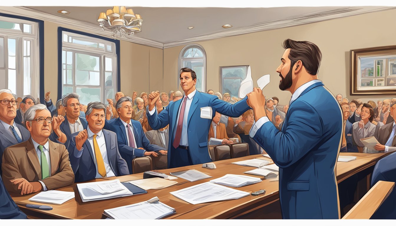 Bidders raise paddles, auctioneer calls out prices, buyers signal interest, agents confer, property details displayed