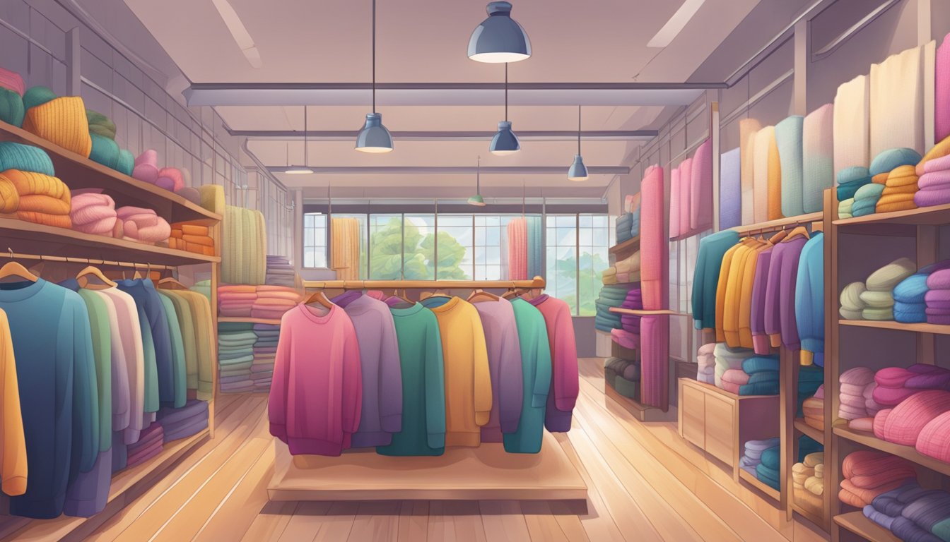 A cozy sweater shop in Singapore, with racks of colorful knits and a helpful staff assisting customers
