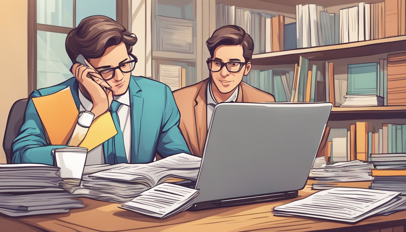 Potential buyers reading FAQ list on laptop, surrounded by legal documents and auction brochures