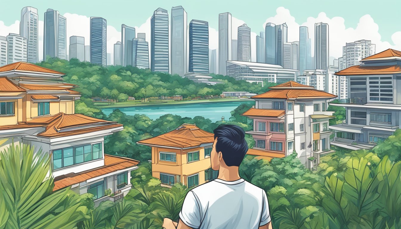 A foreigner eagerly examines a vibrant Singapore property market, surrounded by modern skyscrapers and lush greenery