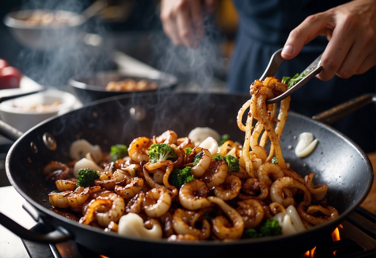 A wok sizzles as a chef stir-fries marinated octopus with ginger, garlic, and soy sauce. Steam rises, filling the air with savory aromas