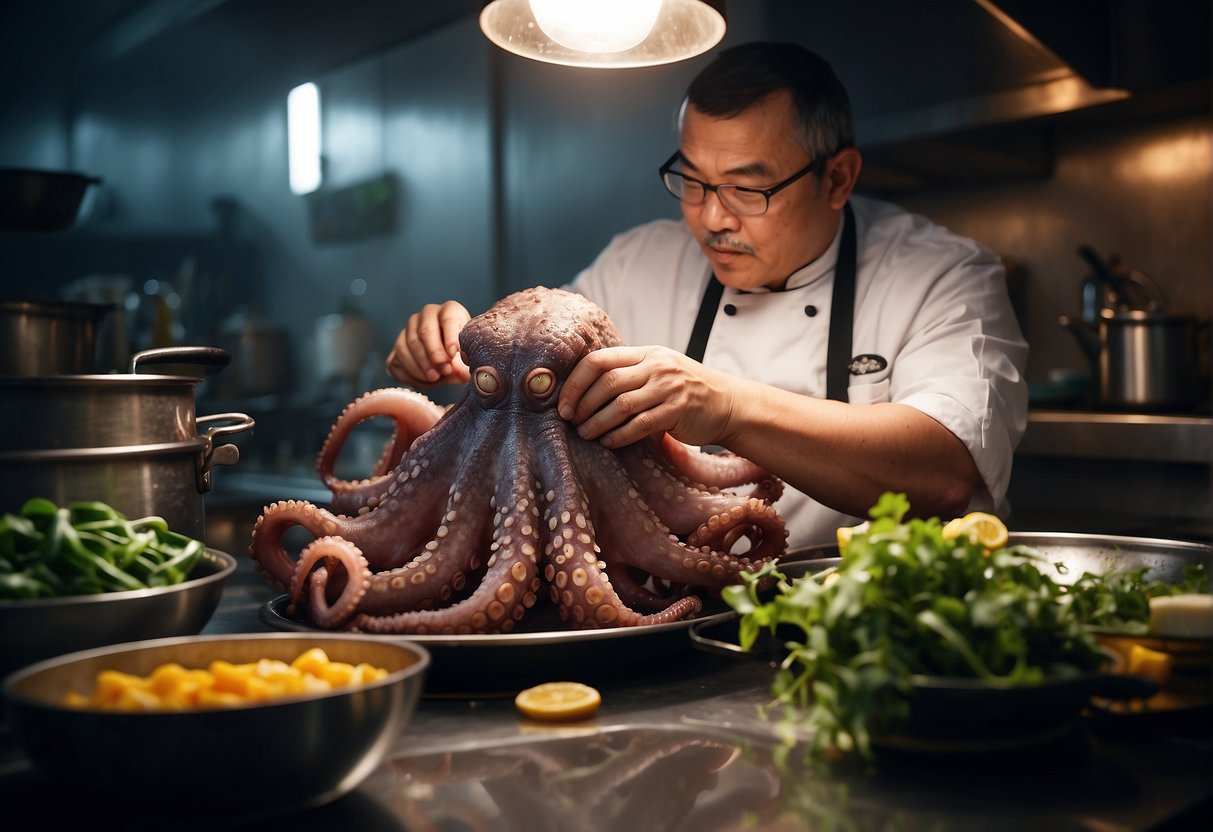 An octopus is being carefully selected from a tank of water by a chef, who holds it up to examine its size and texture. The chef is surrounded by various cooking utensils and ingredients, indicating the preparation of a Chinese octopus recipe