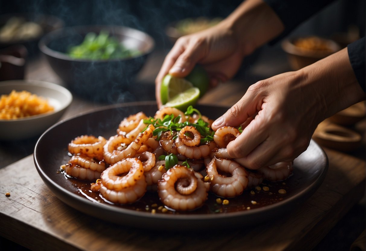 A chef slicing and marinating fresh octopus with soy sauce and ginger for a traditional Chinese recipe