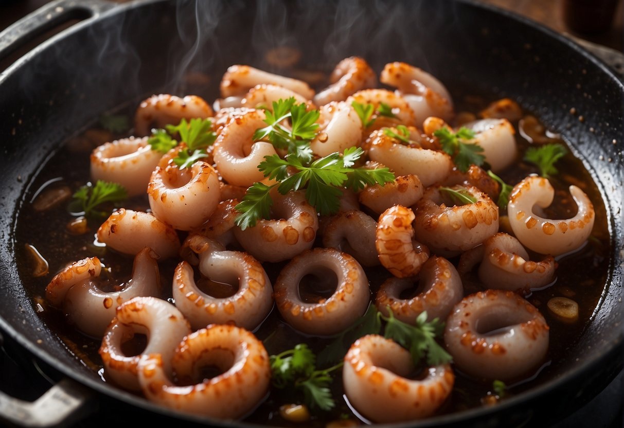 Chinese octopus recipe being prepared using stir-frying, steaming, and braising methods in a traditional wok and steamer