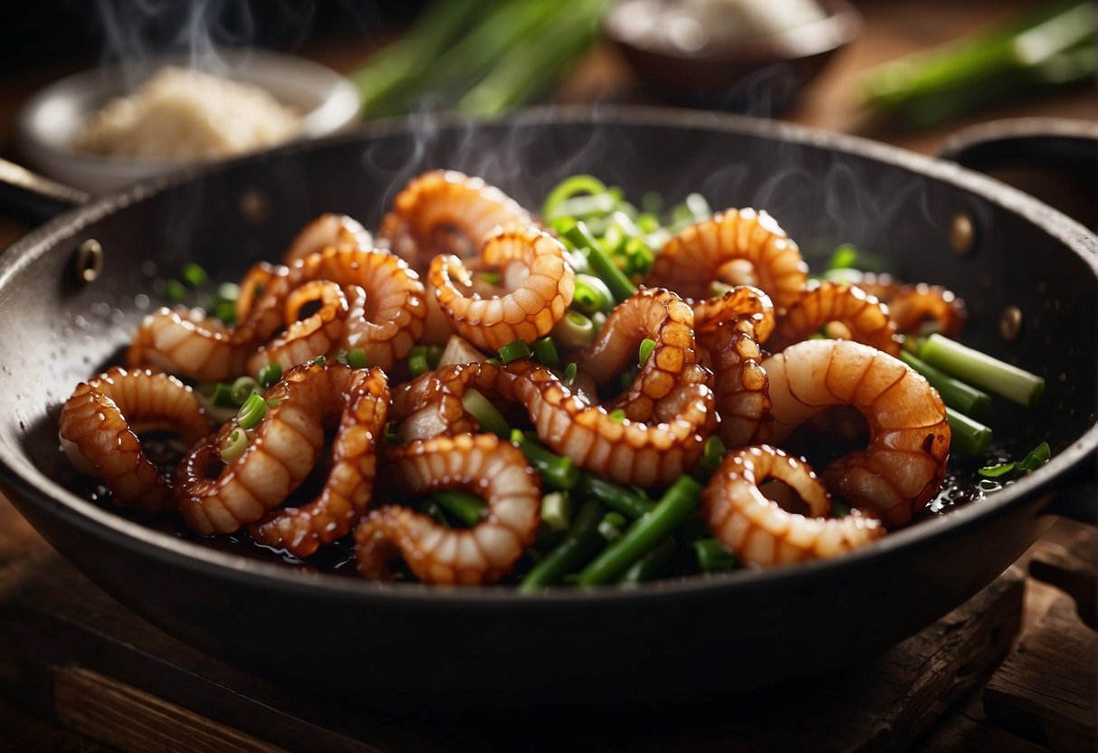 A steaming wok sizzles with tender octopus, ginger, and soy sauce. Chopped green onions and garlic add fragrance to the air