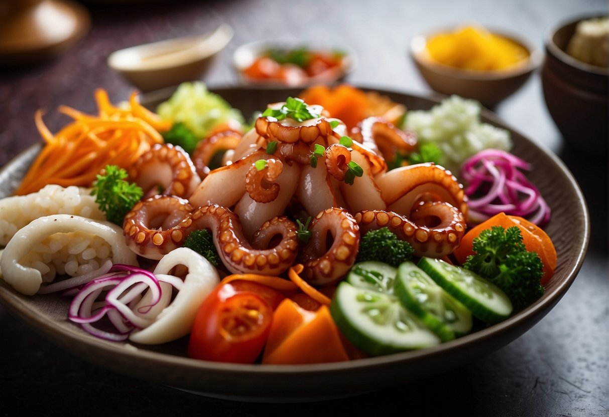 A table set with a colorful array of Chinese octopus dish, surrounded by traditional Chinese condiments and garnishes