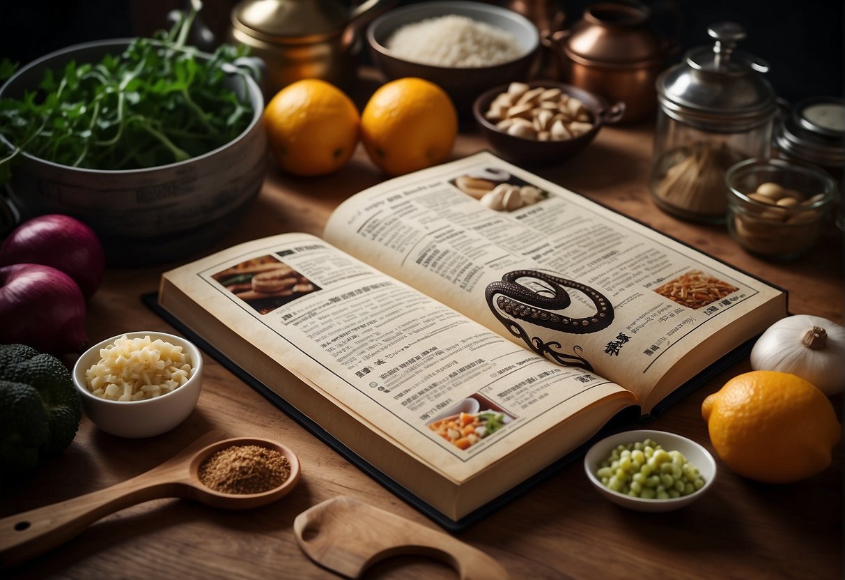 A Chinese octopus recipe book open on a kitchen counter, surrounded by various ingredients and cooking utensils